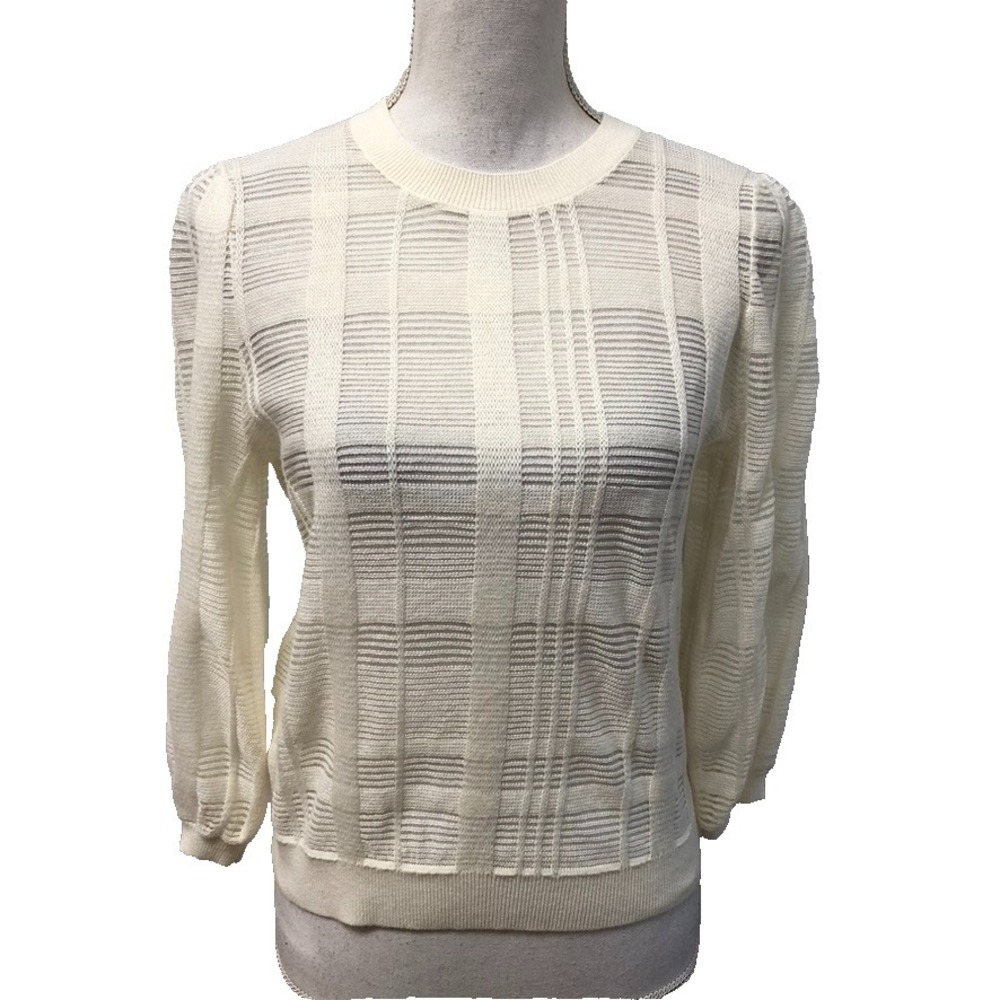Joie Open Knit Sweater Jumper Womens Small Ivory White 3/4 Sleeve Plaid Preppy